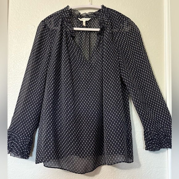 Rebecca Taylor Sheer, Feminine Navy Blue and White Clip Dot Silk/Viscose Blouse - Picture 1 of 15